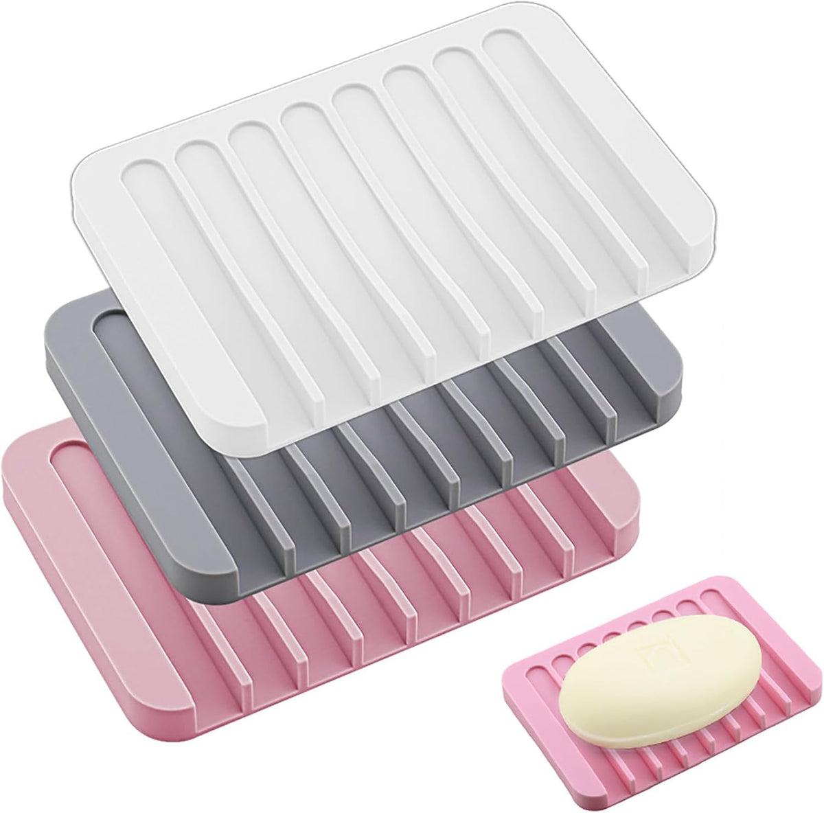 3 Pack Silicone Soap Dish Tray Holder Drainer, Soap Drainer Shower Waterfall for Bathroom and Kitchen, Keep Bars Dry Easy Cleaning (Grey+White+Pink)