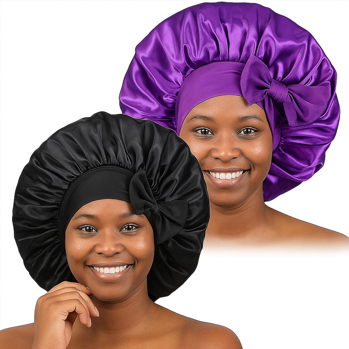 2PCS Silk Bonnet for Sleeping Women, Satin Bonnet Night Sleep Hair Cap for Curly Hair with Tie Band (Black+Purple)