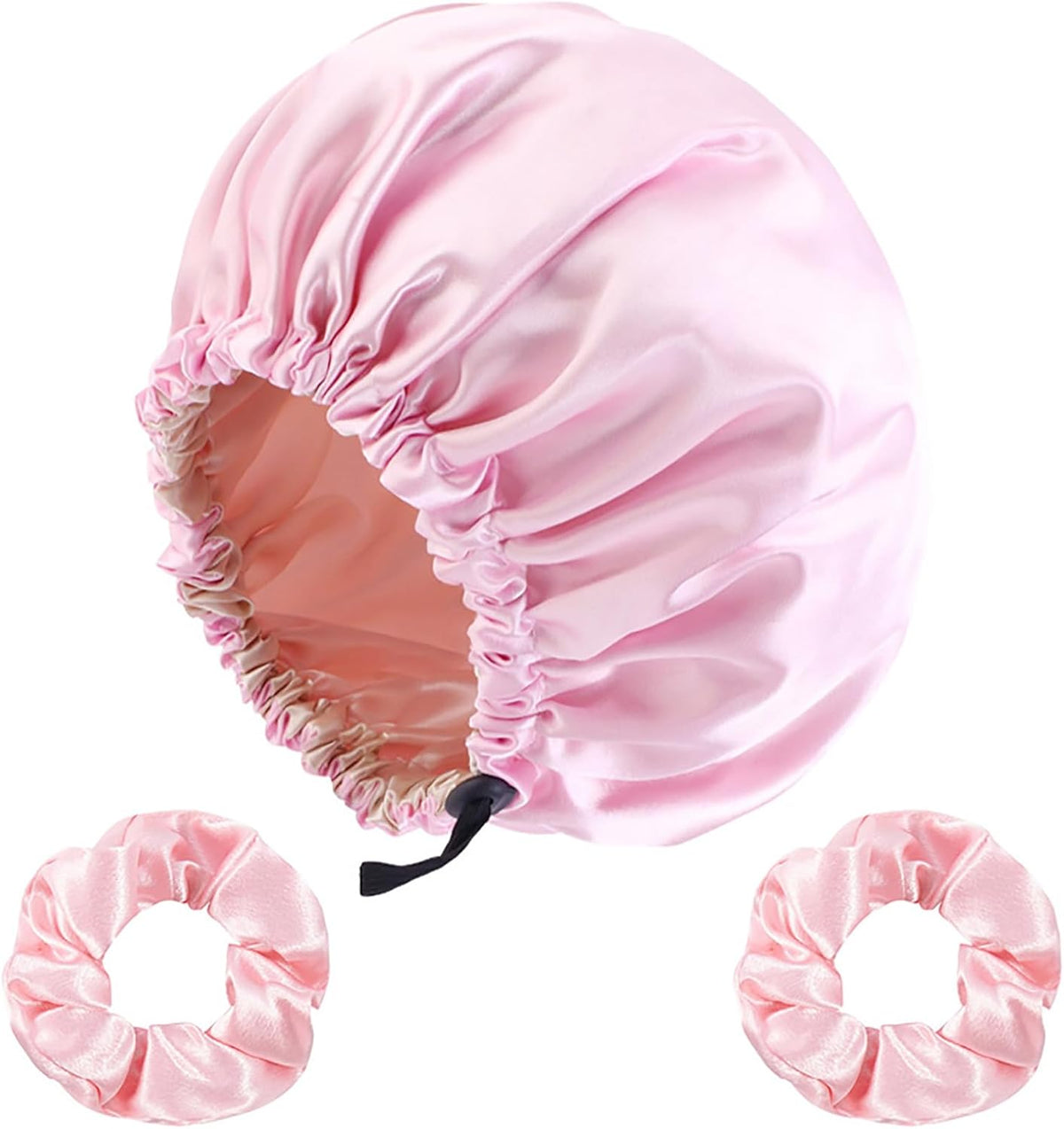 Satin Bonnet Silk Hair Cap for Sleeping, Adjustable Double layer Reversible Satin Sleep Cap with Hair Ties (Pink)