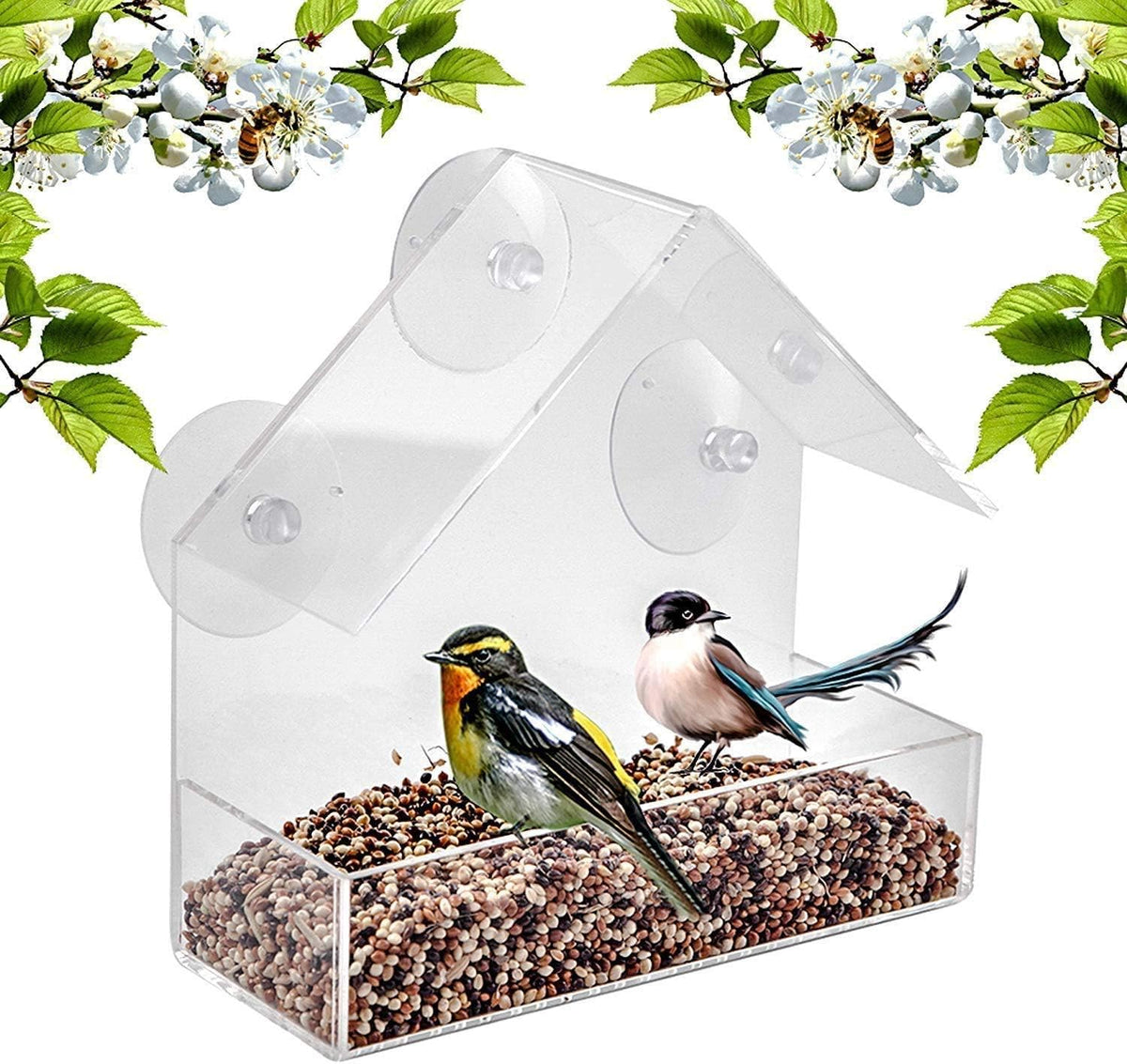 Bird Feeder, Window Bird House Crystal Clear Acrylic with Seed Tray, Drain Holes and 3 Suction Cups, Weatherproof Design, Squirrel Resistant, Drains Rain Water, Great Gift Idea for Nature Lovers
