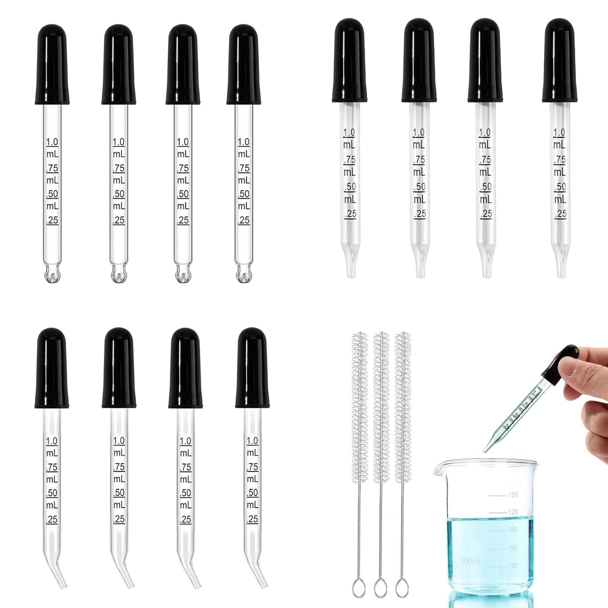 Eye Dropper Glass Pipette 12 Pcs 1ml, Calibrated Capacity Droppers with Measurements 4 Bent, 4 Ball & 4 Straight Tip with 3 Cleaning Brush for Laboratory, Liquid, Essential Oils