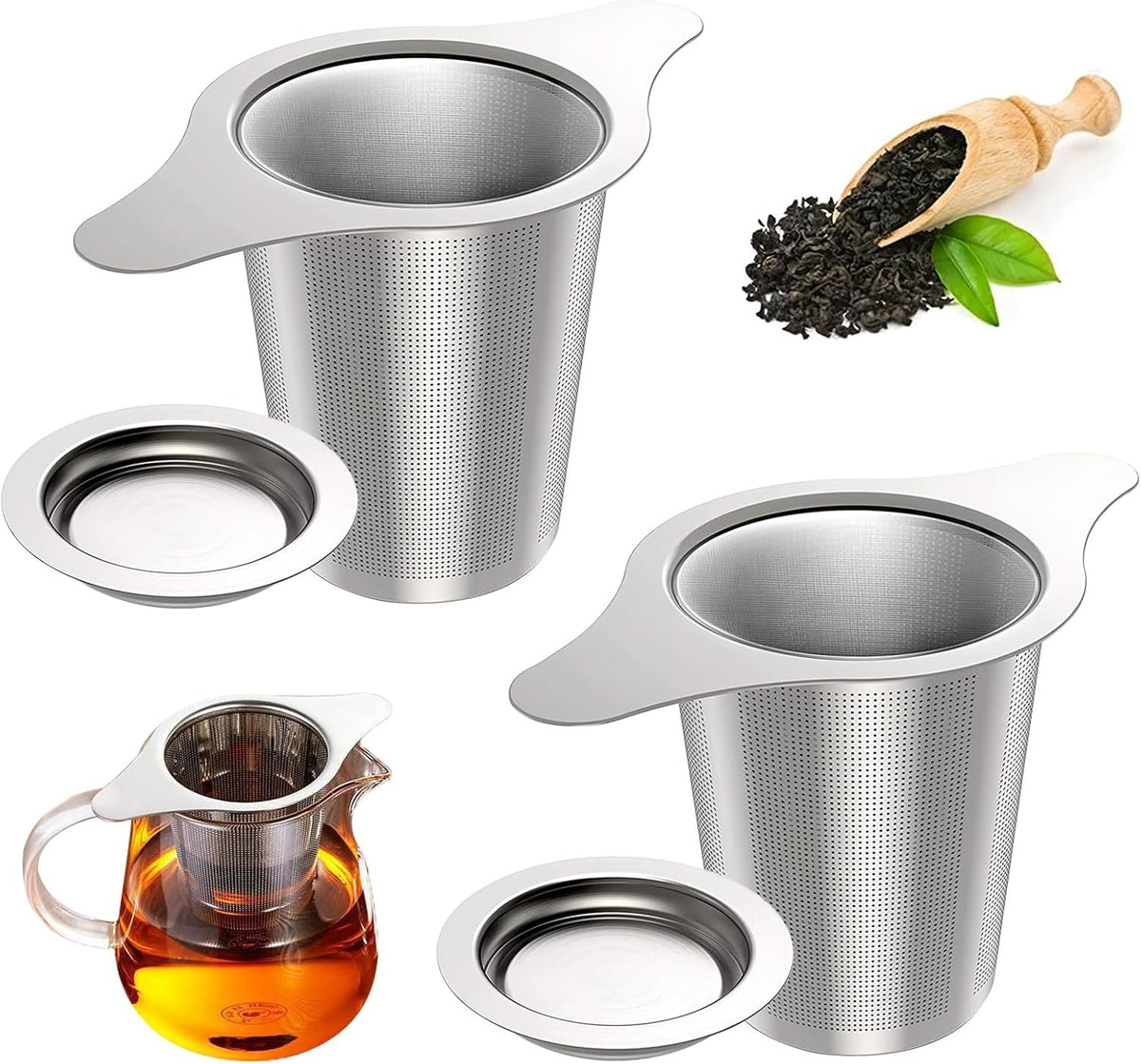 2 Pack Tea Infuser Stainless Steel Mesh Strainer, Tea Strainer Steeper Filter with Double Handles for Hanging on Teapots, Mugs, Cups to Steep Loose Leaf Tea and Coffee, Large Capacity (Silver)