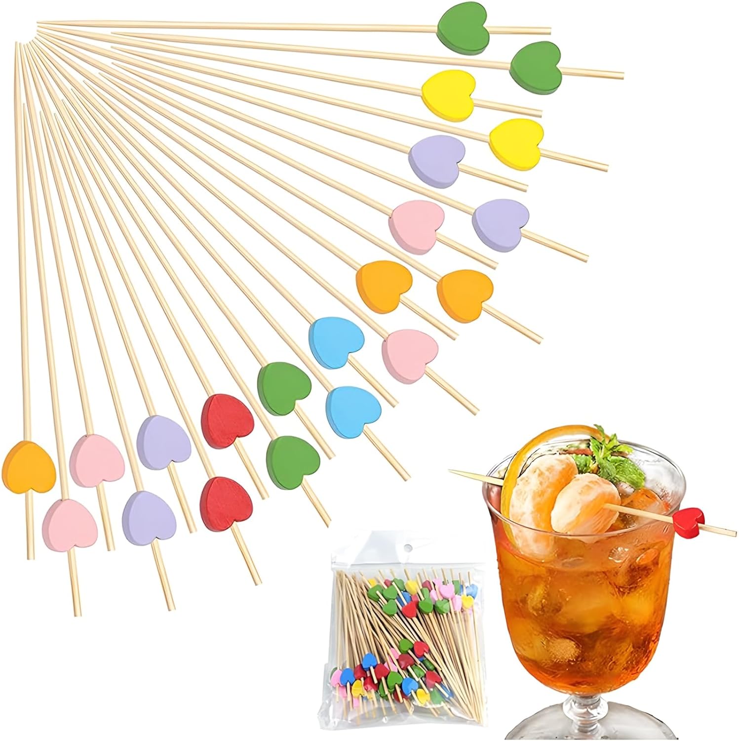 100 PCS Cocktail Picks, 12 cm Toothpicks for Appetizers, Bamboo Heart-Shaped Fruit Sticks Cocktail Sticks Skewers for Drinks and Barbeque Snacks