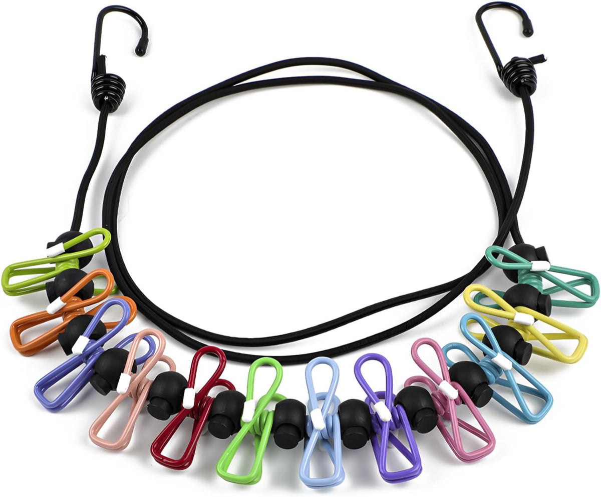 Travel Clothesline, Portable Clothes Line Outdoor with 12 Clips Elastic Clothesline for Indoor Outdoor Balcony Travel Camping Accessories(Multicolour)
