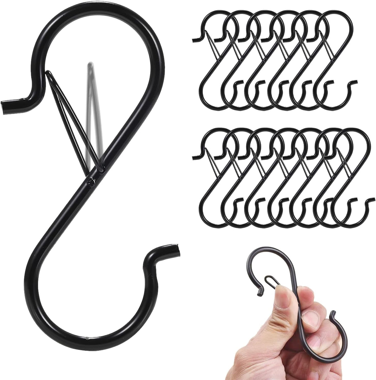 12 Pcs S Hooks for Hanging, Heavy Duty Metal S Shaped Hooks with Safety Buckle for Plants, Pots, Towels and Bags, 3.55 inch (Black)