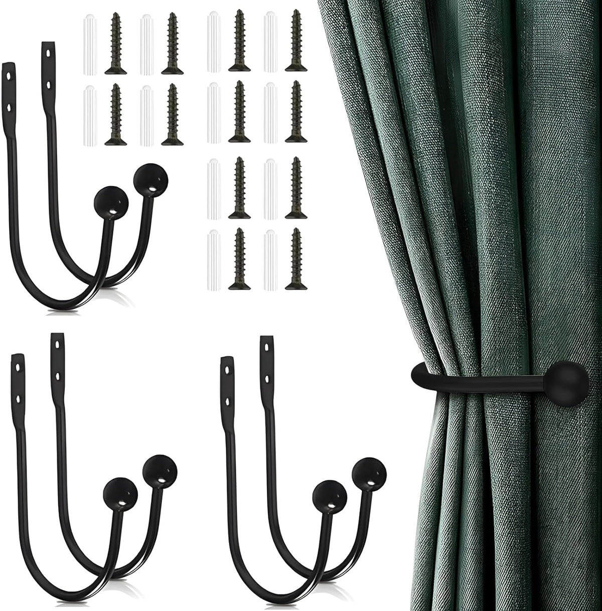6 Pcs Curtain Holdbacks Curtain Tiebacks, U Shaped Curtain Hooks Wall Mount Window Curtain Holder (Black)
