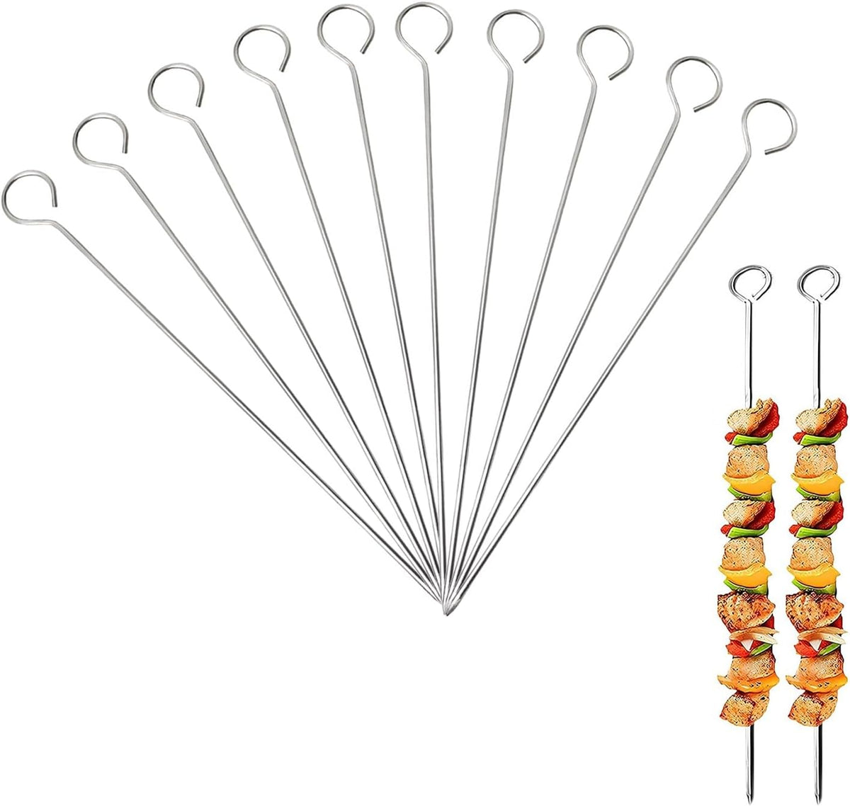 30 Pcs Kebab Skewers, 7.9 Inch Stainless Steel Barbeque Skewers with Ring-Tip Handle, Reusable BBQ Grilling Kabob Skewer for Chicken, Fruit, Vegetable, Meat