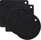 4 Pack Silicone Trivet Mats, Heat Resistant Pot Holders Non-Slip Hot Pads for Kitchen, Silicone Trivets for hot pots 2 Square and 2 Round Mats (Black)