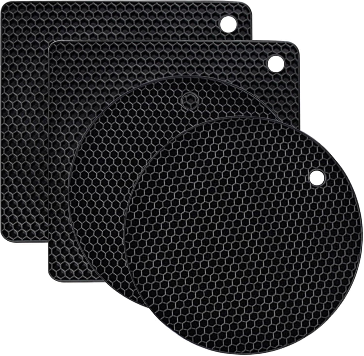 4 Pack Silicone Trivet Mats, Heat Resistant Pot Holders Non-Slip Hot Pads for Kitchen, Silicone Trivets for hot pots 2 Square and 2 Round Mats (Black)
