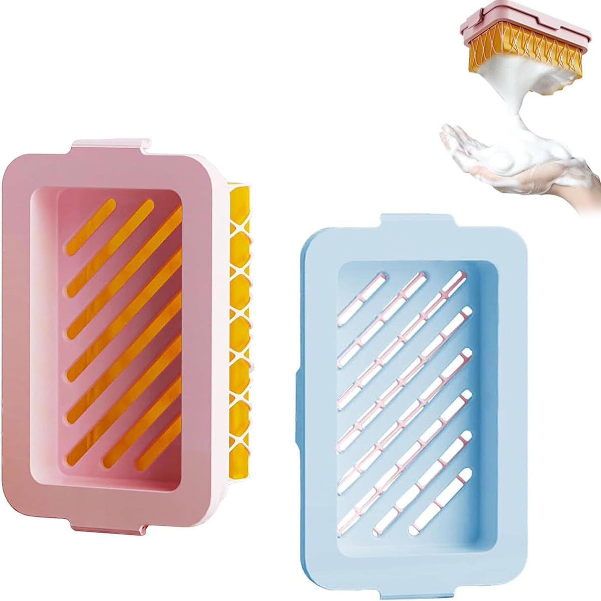 2 Pack Soap Holder Bar Soap Dish with Drain, Non-Slip Soap Box with Fixed Soap Net for Bathroom Gym (Pink, Blue)