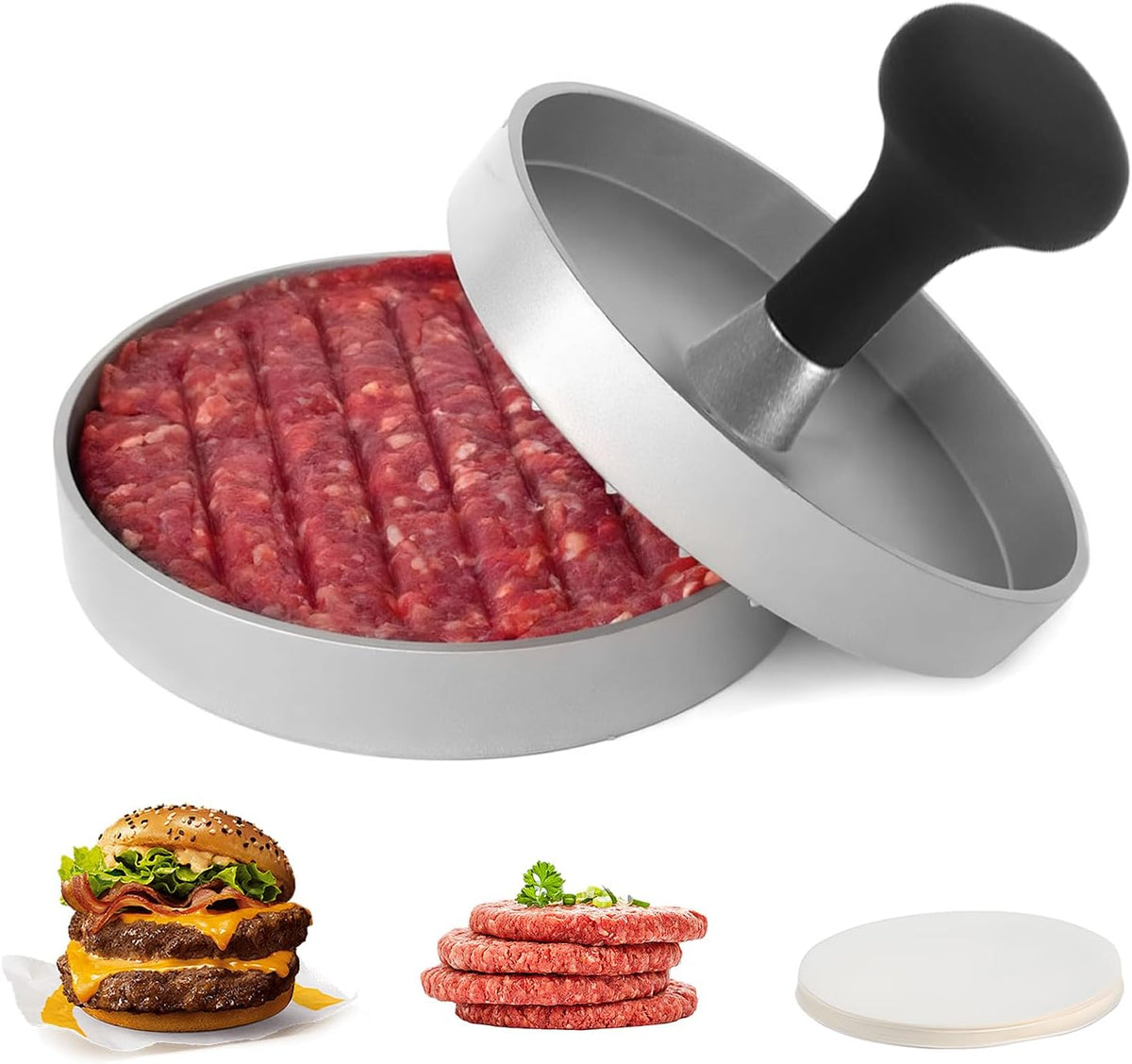 Hamburger Press Patty Maker, 4.6 in Food Grade Aluminum Burger Press, Non-Stick, with 100 Pcs Wax Paper, for Grilling and Cooking