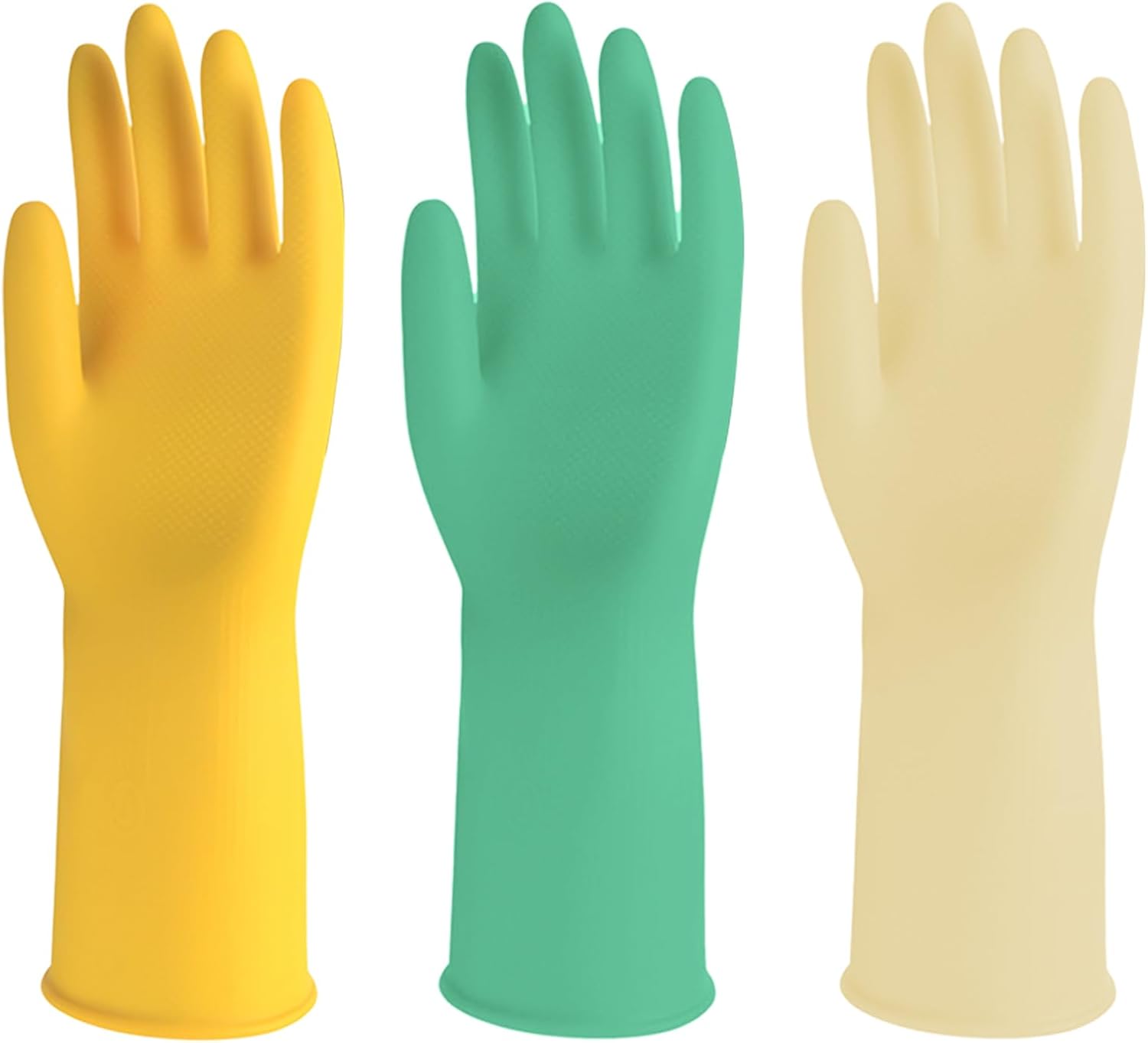 3 Pairs Rubber Cleaning Gloves for Household, Reusable Extra Thick Dishwashing Gloves Waterproof Non-Slip Gloves for Kitchen (Large, Beige+Yellow+Green）