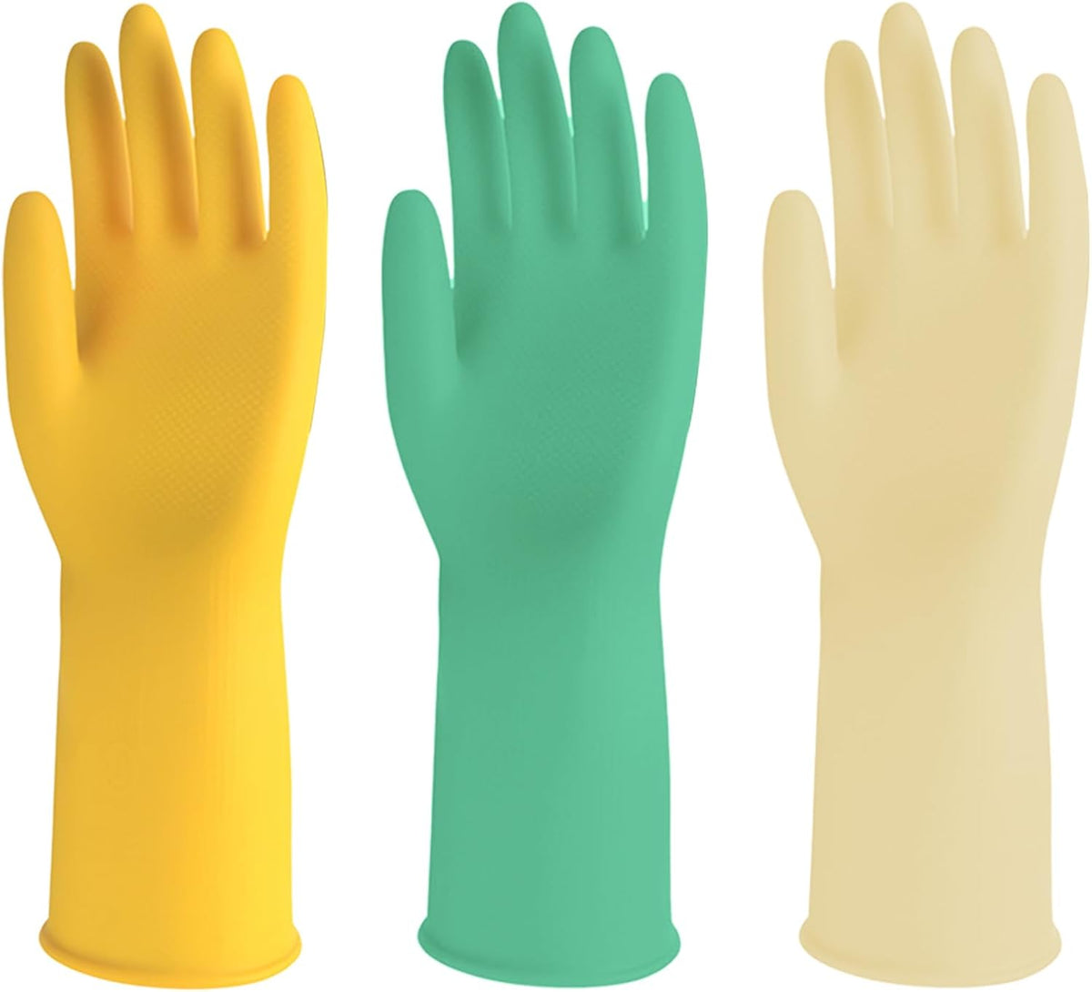 3 Pairs Rubber Cleaning Gloves for Household, Reusable Extra Thick Dishwashing Gloves Waterproof Non-Slip Gloves for Kitchen (Large, Beige+Yellow+Green）