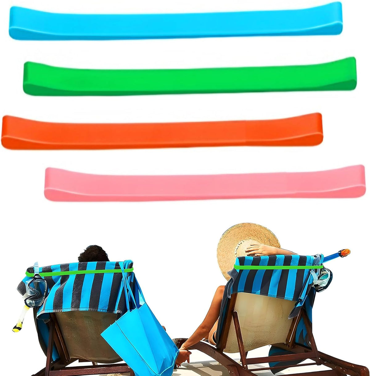 Towel Bands (4 Pack), Stretch Silicone Beach Towel Clips for Beach Pool & Cruise Chairs, Summer Beach Trip Essentials