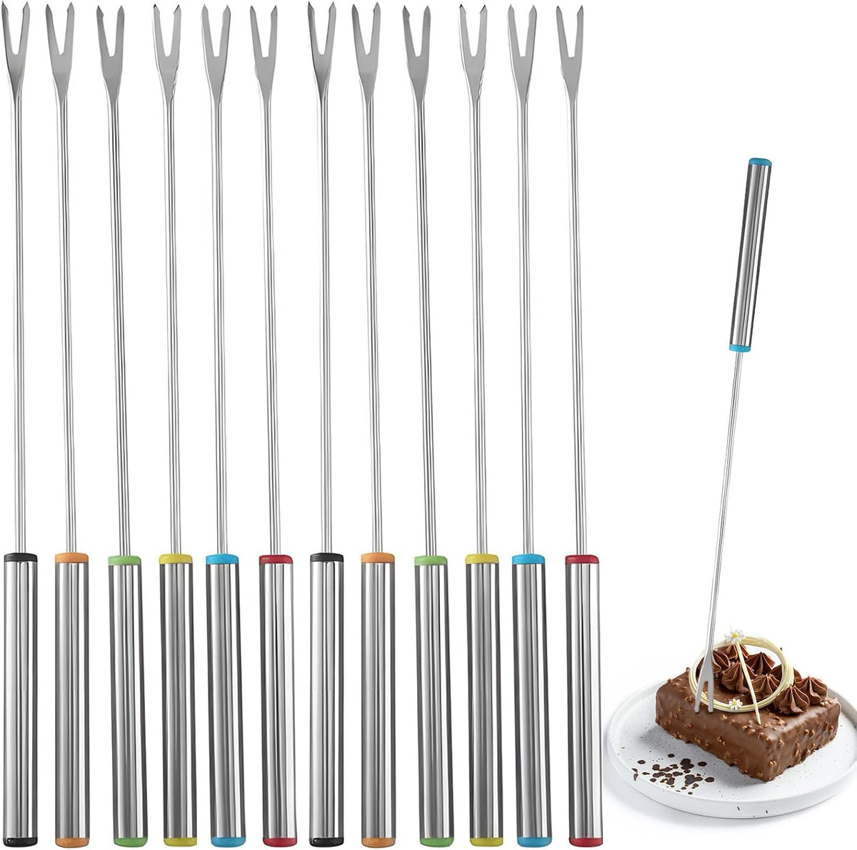 12 Pieces Fondue Forks, Stainless Steel Fondue Forks Roasting Sticks 24cm Fondue Skewers with Heat Resistant Handle for Cheese Chocolate Fondue Roast Marshmallows Meat