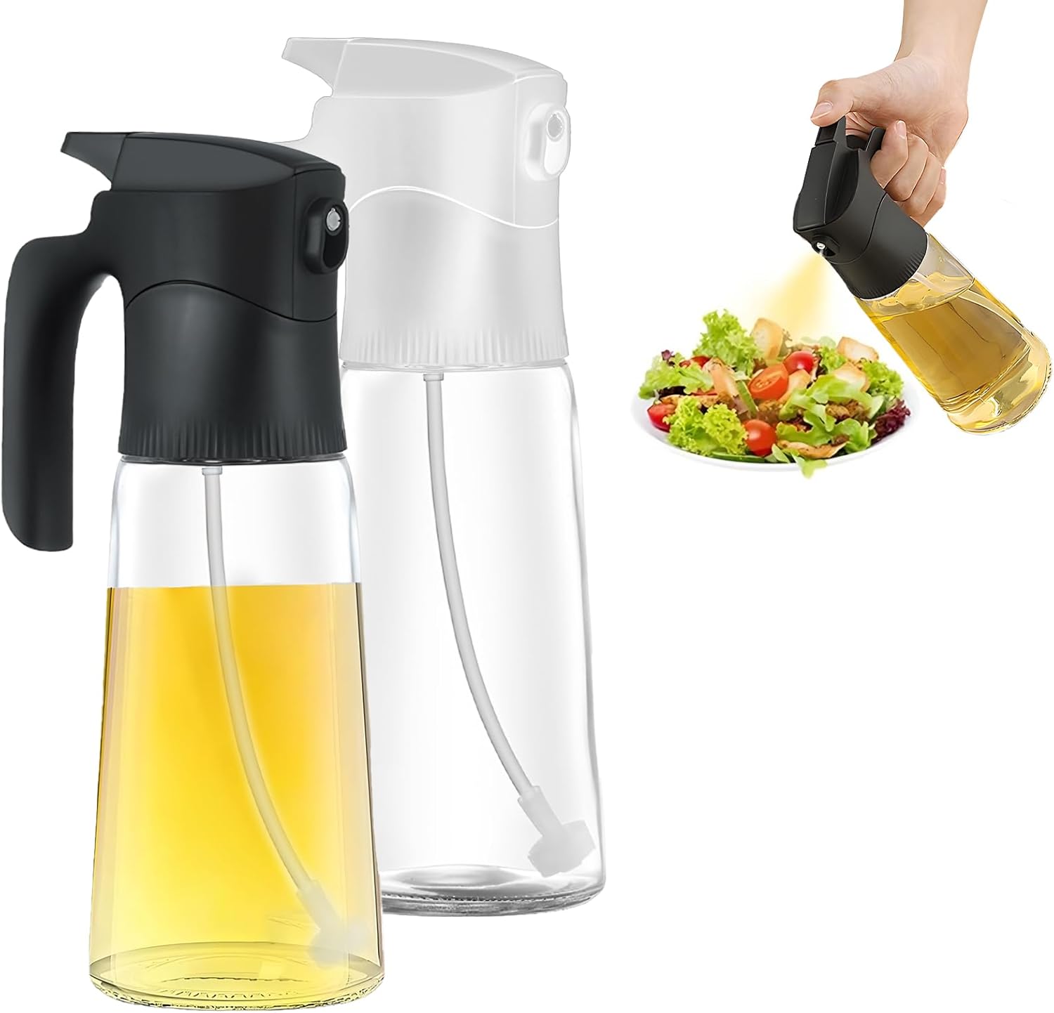 2 Pcs Oil Sprayer for Cooking, 300 ml Olive Oil Dispenser, Glass Oil Spray Bottle with Scale for Kitchen, Salad, Barbecue, Baking (Black & White)