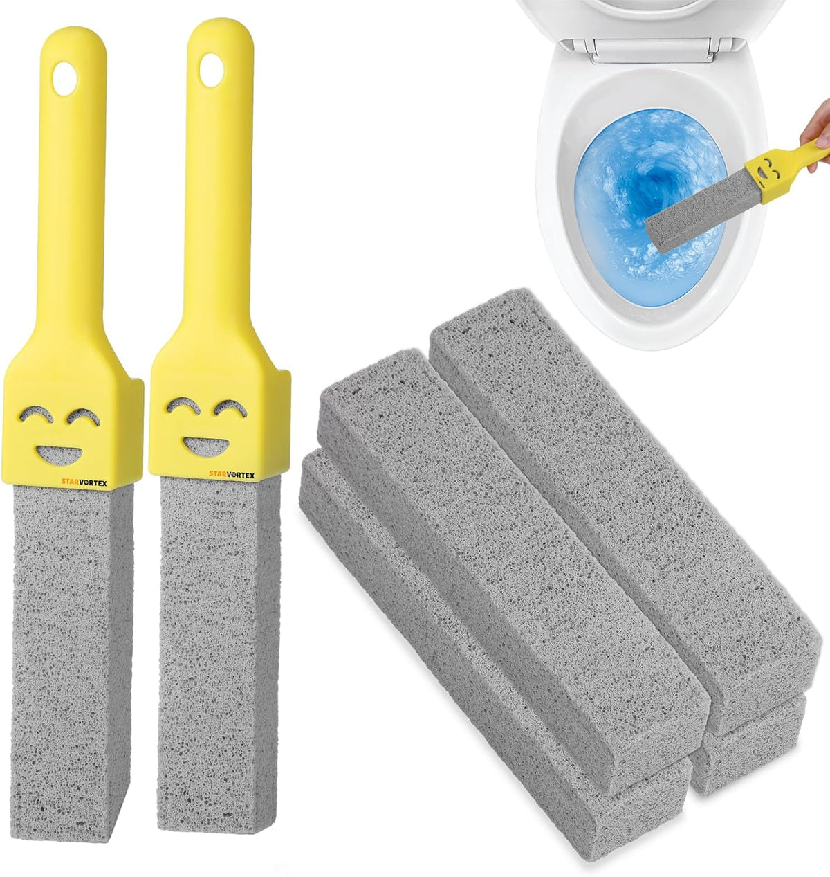 6Pc Pumice Stone for Toilet, Toilet Pumice Cleaning Stone with 2 Handle, Replaceable Toilets Pumice Stones for Cleaning, Nature Scouring Stick for Hard Water Stains, Bathroom Tiles Limescale Remover