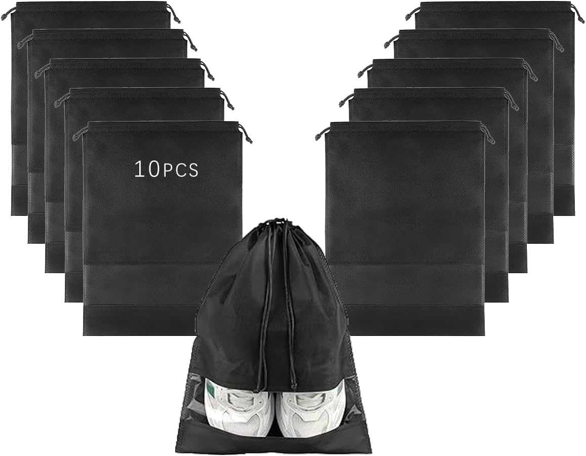 10-Pack Black Non-Woven Shoe Bags, 12.6"x17.3" Breathable Reusable Dustproof Storage Organizers for Travel, Closet, Boots & Seasonal Shoe Protection (10)