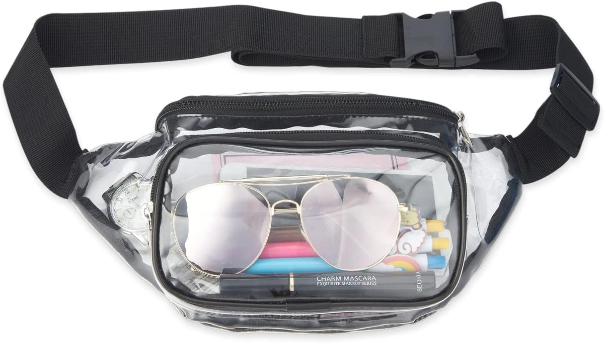 Clear Fanny Pack Stadium Approved, Waterproof Transparent Waist Bag, Clear Purse Adjustable Belt Bag for Travel, Beach, Events, Concerts Bag, Black, AB9285