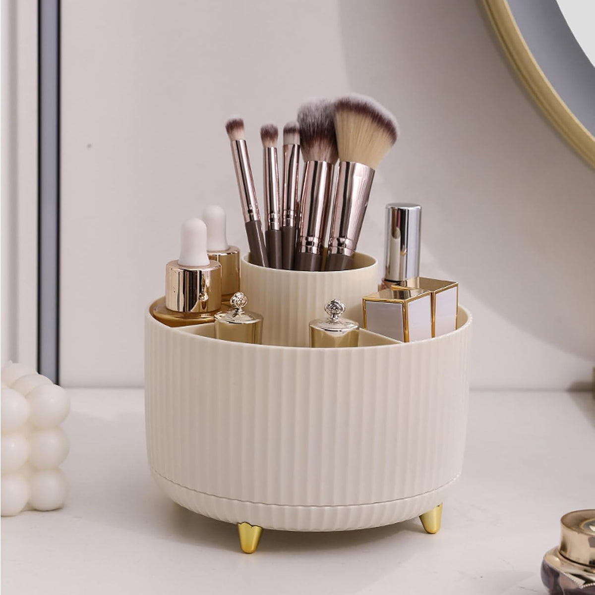 Makeup Brush Holder Organizer,360° Rotating Make up Organizer Storage,5 Slot Makeup Brushes Cup,for Vanity Decor,Bathroom Countertops,Desk Storage Container,Cosmetic Display Cases