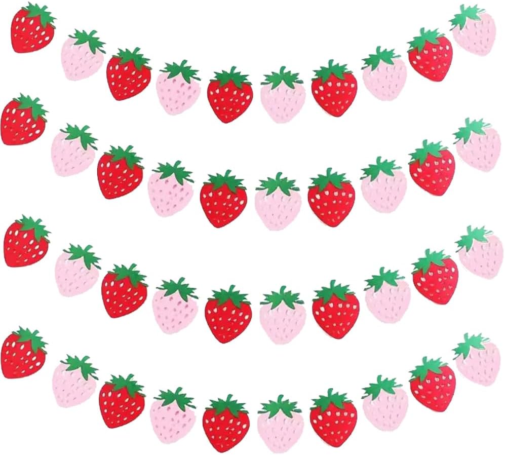 4Pcs Strawberry Party Banner,Berry First Birthday Decor, Pink & Red Hanging Garland for Shower, Strawberry Themed Party Favors & Supplies