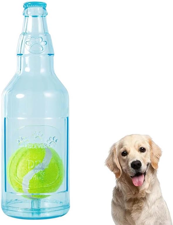 Water Bottle Dog Toy, Crunchnplay Bottle Toy,Crunchnplay Dog Chew Bottle Toys Squeaky,Rubber Water Bottle Toys with Tennis Ball,Interactive Fetch Toy for Play and Training,Small (Blue, Small)