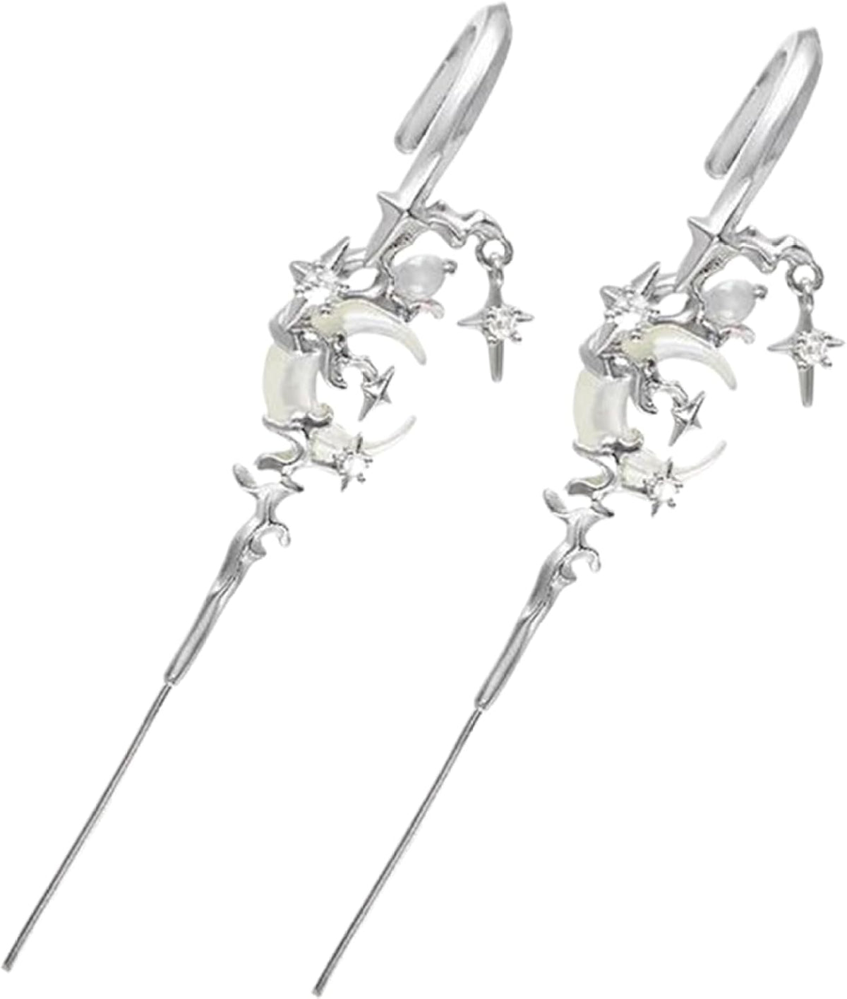 Moon and Star Hook Earrings, 2PCS 3.2 Inch Metal Gothic Moon Earrings, Fashion Rhinestone Crawler Star and Moon Ear Hook Needle Piercing Earrin, Reusable Hook Earrings for Women Girls