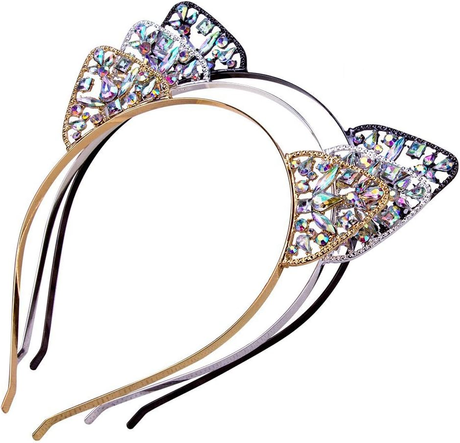 3PC - Crystal Cat Ears Headband For Women Girls Headwear Hair Accessories (Floral)