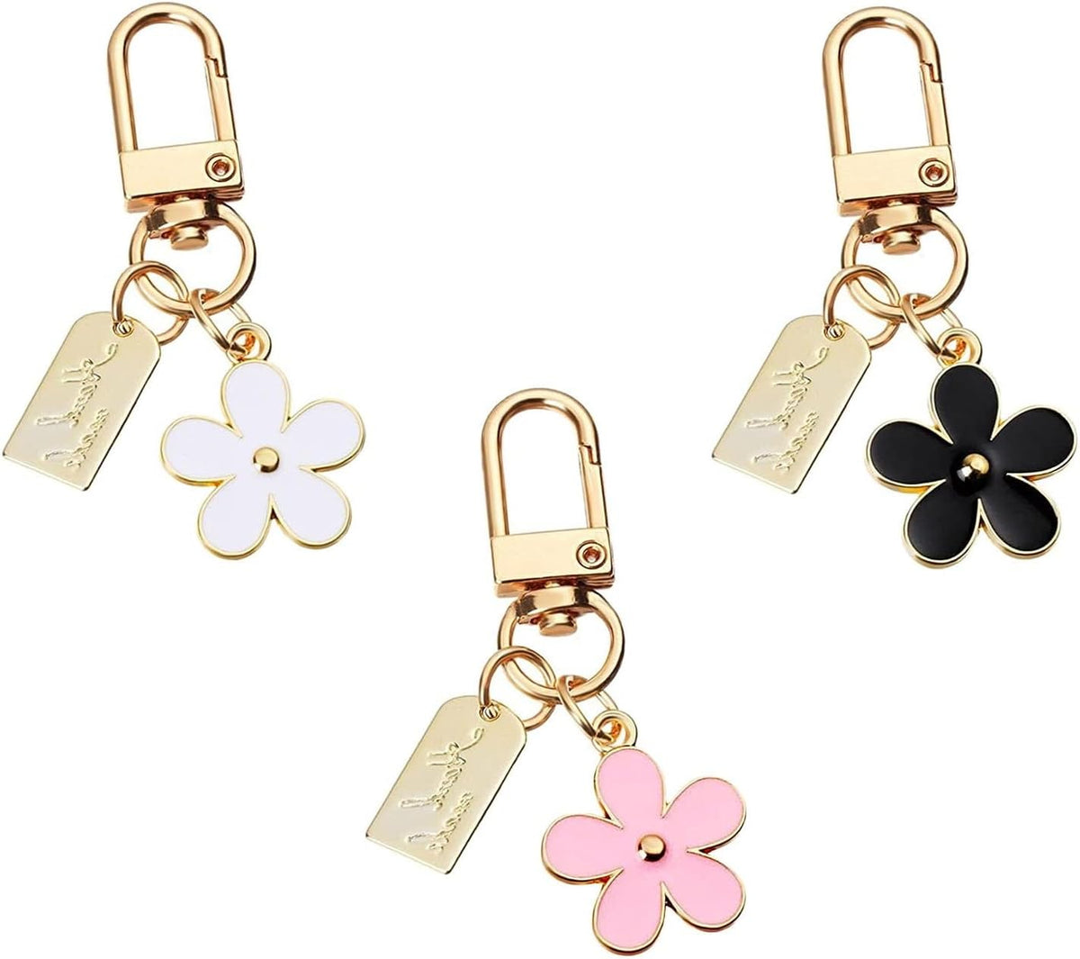 Flower Keychain Set for Women, 3-Piece Chrysanthemum Charm with Metal Sheet, Pink Black White