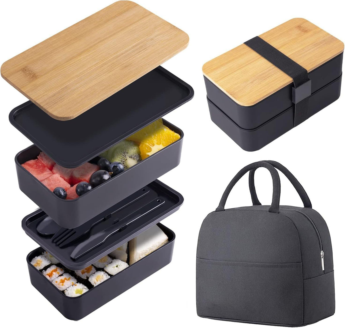 Japanese Bento Box with Bamboo Lid, Stackable Compartments, Food-Grade PP, Includes Insulated Bag for Office & Travel