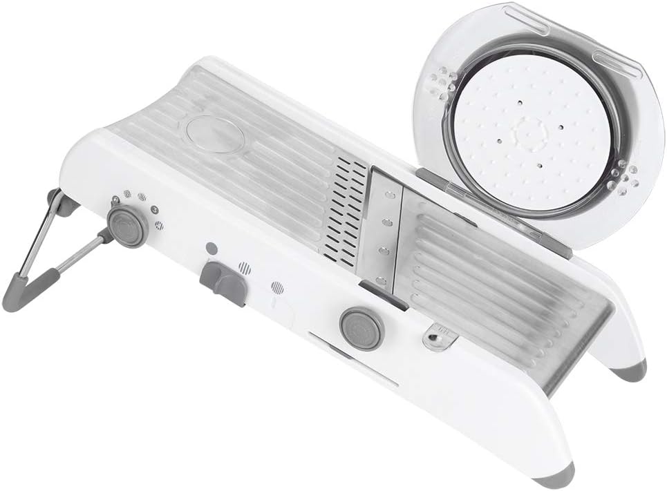 Multifunctional Manual Vegetable Cutter Stainless Steel Food Grater Slicing Kitchen Tool Accessories with Non-Slip Handle Safety Pusher for Shredded Sliced Wavy Cuts Easy to and Store