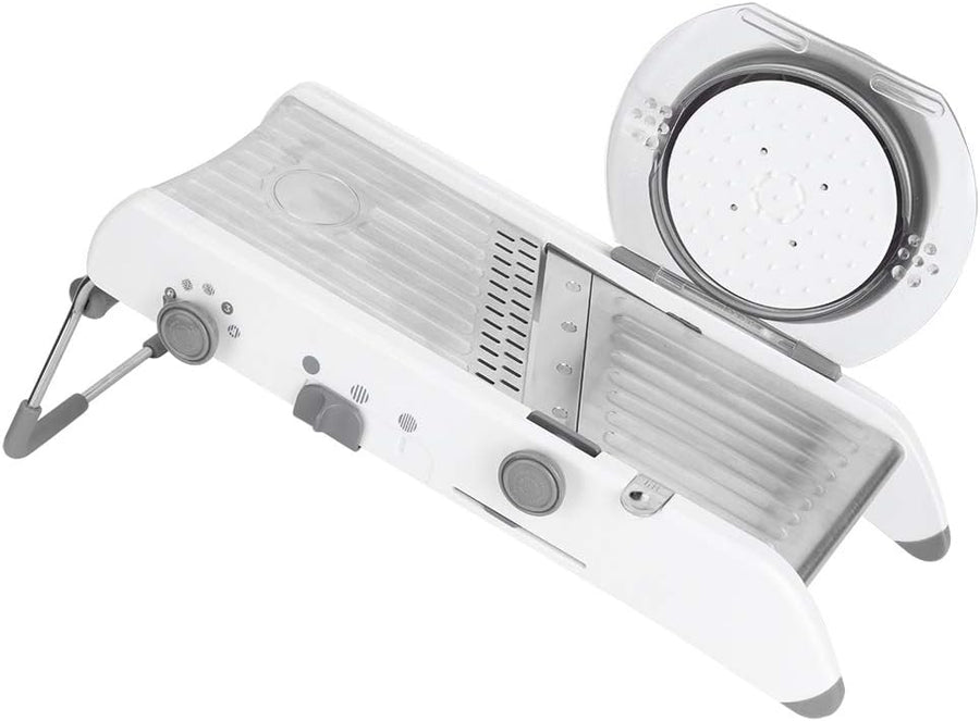 Multifunctional Manual Vegetable Cutter Stainless Steel Food Grater Slicing Kitchen Tool Accessories with Non-Slip Handle Safety Pusher for Shredded Sliced Wavy Cuts Easy to and Store