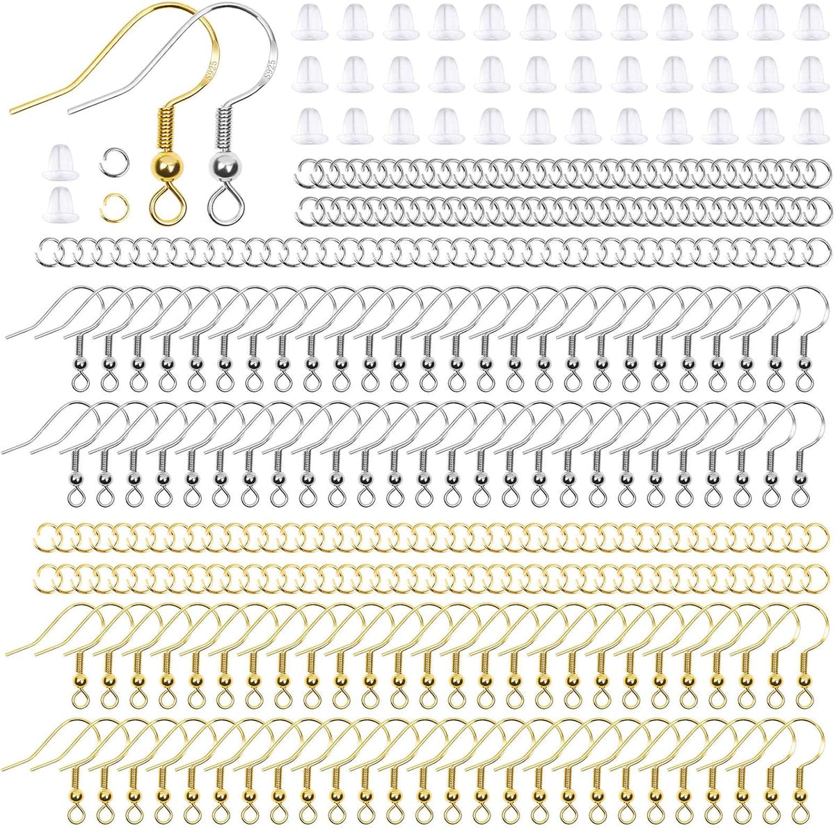 Hypoallergenic Earring Hooks, 600Pcs Earring Making Kit with Earring Hooks, Jump Rings and Clear Rubber Earring Backs for DIY Jewelry Making