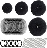 Hair Donut Bun Maker Set - 4 Bun Shapers, 20 Invisible Nets, 5 Elastics, 20 Bobby Pins (Black)