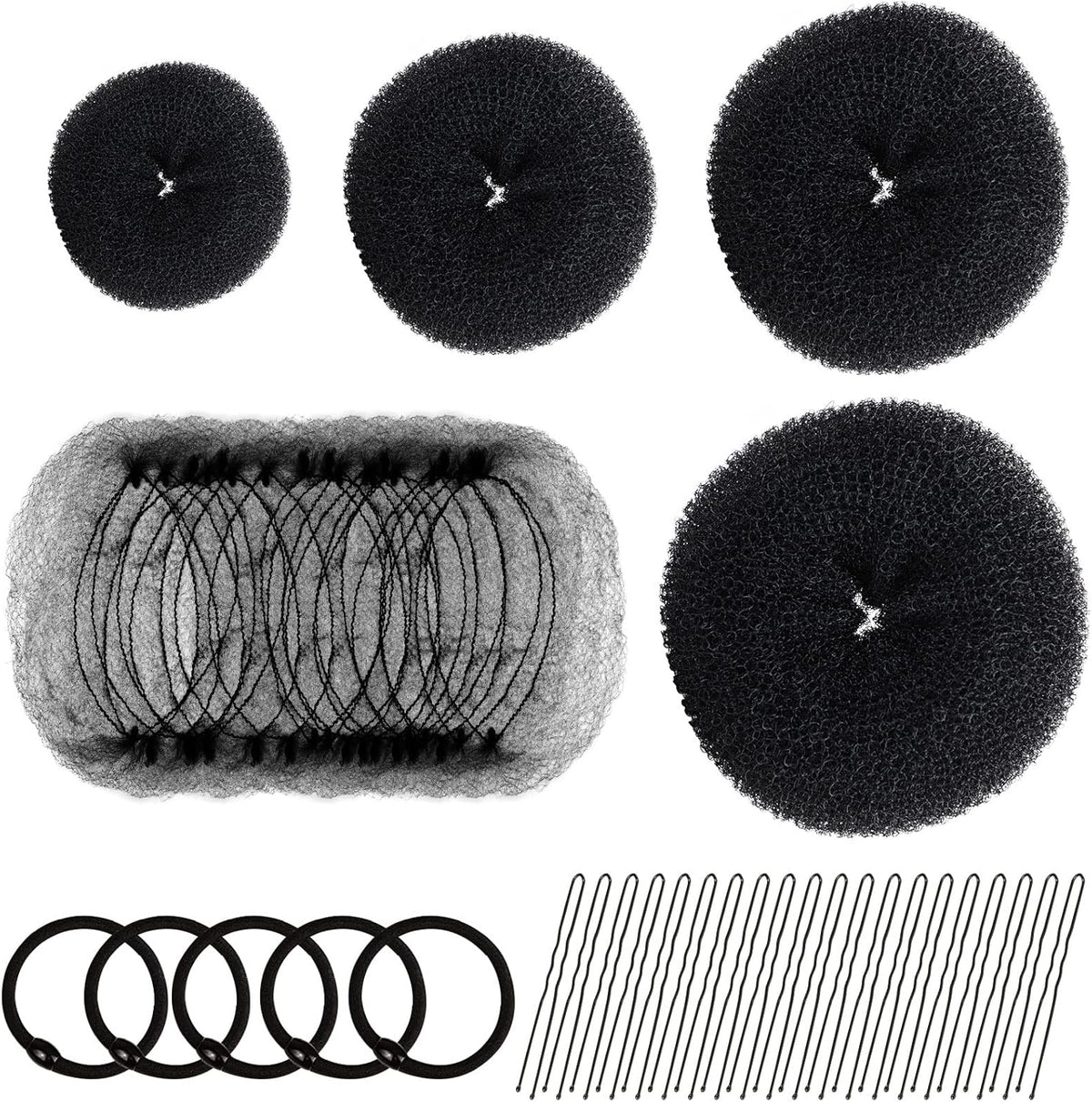 Hair Donut Bun Maker Set - 4 Bun Shapers, 20 Invisible Nets, 5 Elastics, 20 Bobby Pins (Black)