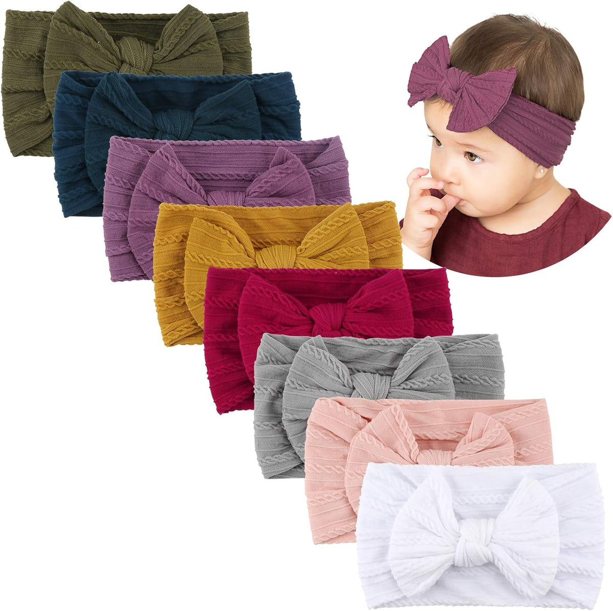 8PCS Baby Nylon Headbands Hair Accessories Hair Bows Headband for Baby Girls Babies Newborn Infant Toddler 0-3 0-6 6-12 Months