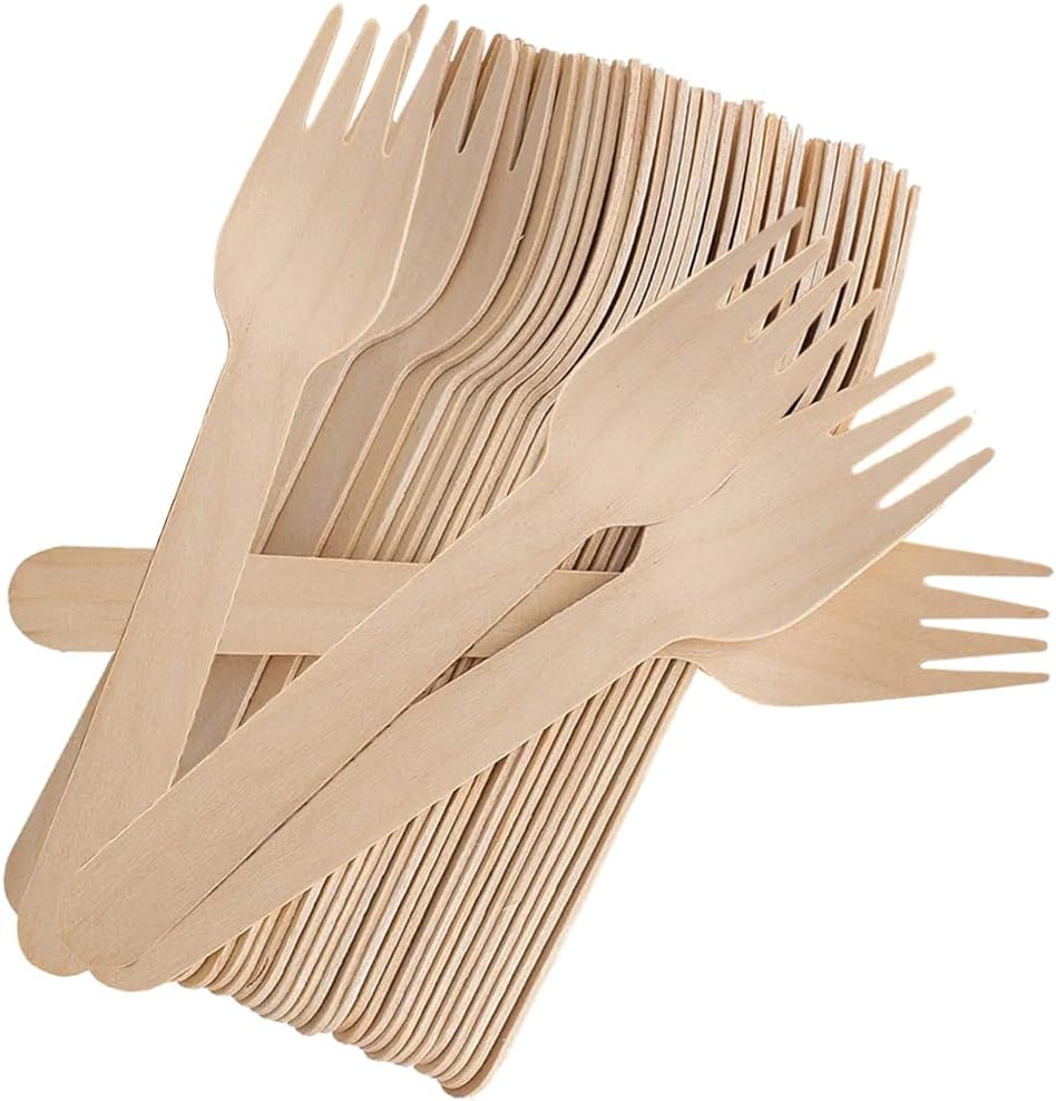 100 PCS Disposable Wooden Forks, 6.7 Inch, Polished Wooden Cutlery, Eco-Friendly, Biodegradable, Perfect for Parties, Weddings, Camping, Dinner Events