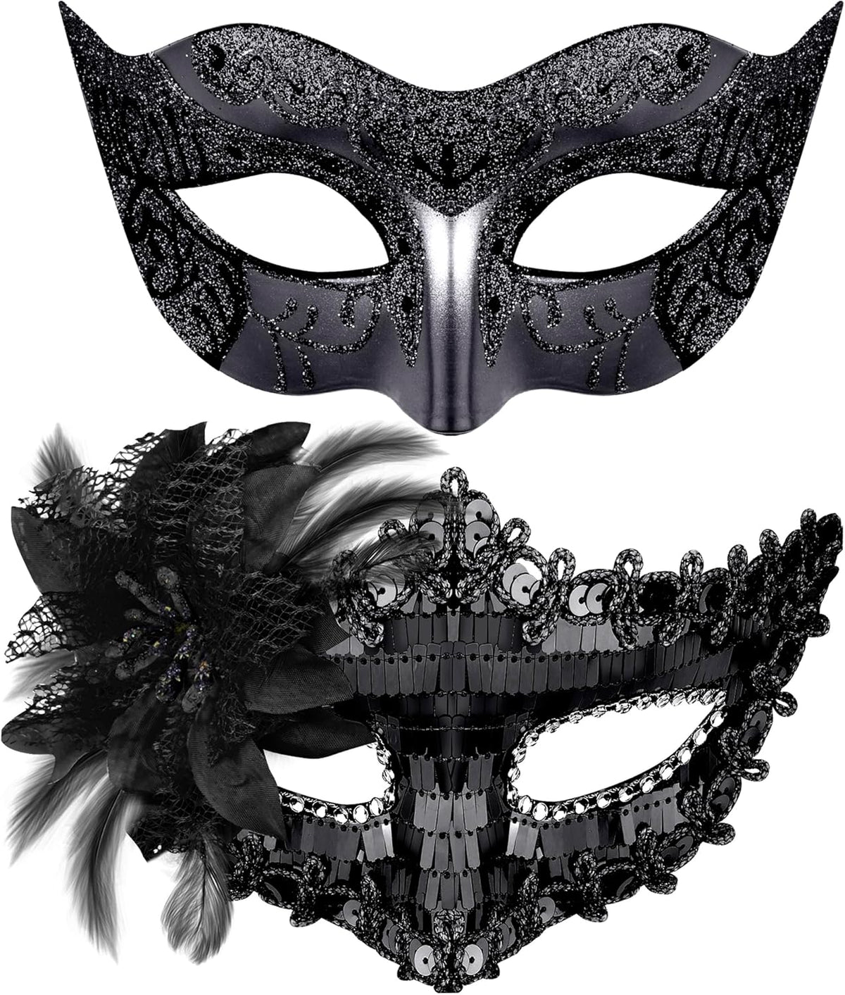 Couple Masquerade Masks Sequins Venetian Party Mask Plastic Costume Mask Rhinestone Mardi Gras Mask for Couples, Black
