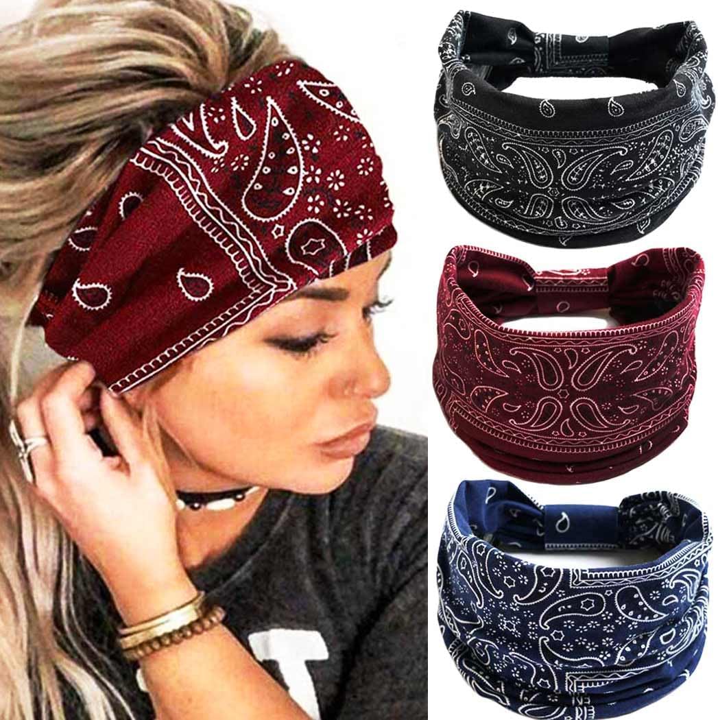 Extra Wide Headbands for Women Boho Head Wraps Stretchy African Turban Hairband Motorcycle Hair Accessories Pack of 3