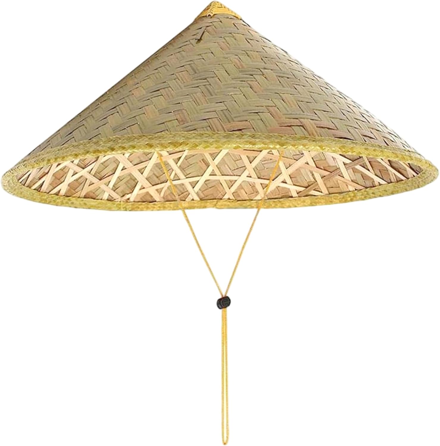 Retro Chinese Bamboo Rattan Fisherman Hat, Handmade Weave Bucket Hat, Rice with Adjustable Rope, 14 Inch Fishing Sunshade Cap for Farmer Fishing, Light Yellow