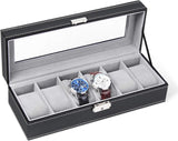 6-slot Leather Watch Box, Watch Box Organizer Glass jewelry Storage Black