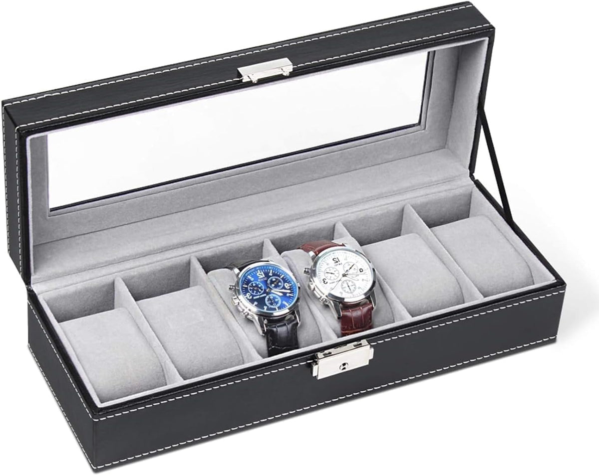6-slot Leather Watch Box, Watch Box Organizer Glass jewelry Storage Black