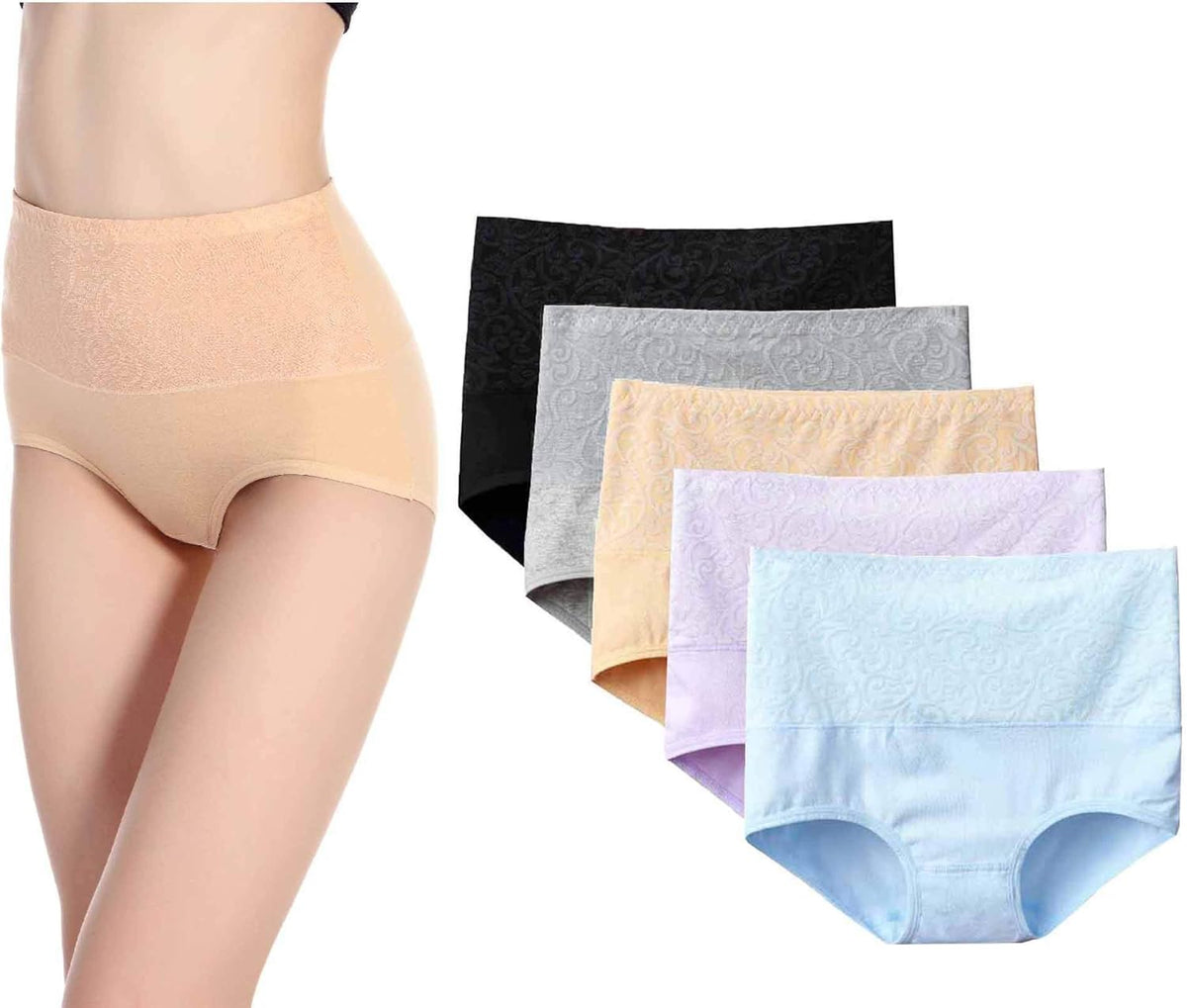 5-Pack Women's High Waist Tummy Control Panties Cotton Underwear No Muffin Top