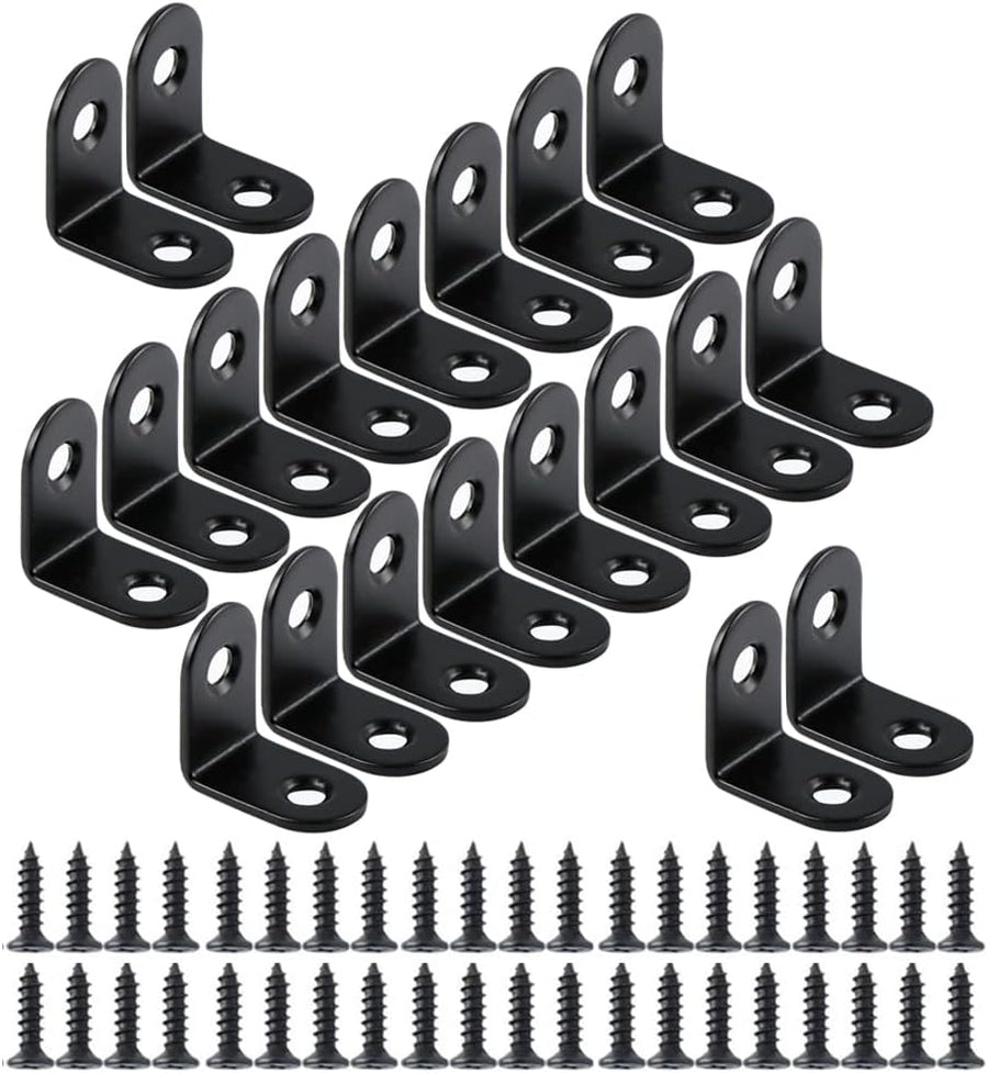 20PCS Small L Brackets, Black Iron Corner Mount Brackets with 40 Screws, Rust Resistant, Easy to Install, Multi-Purpose
