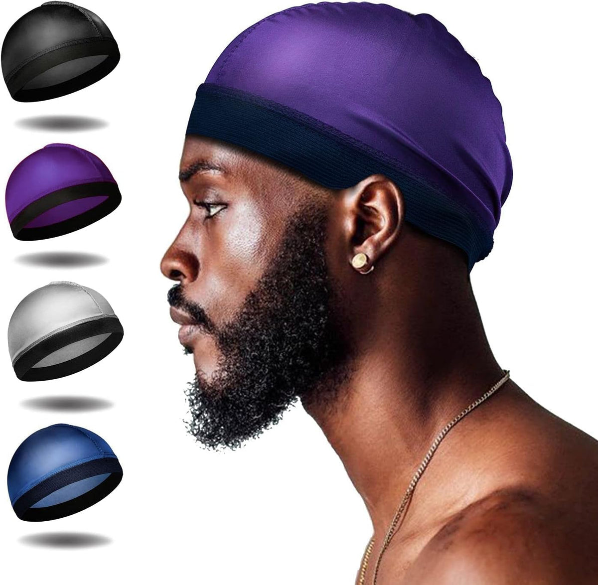 4Pcs Wave Cap, Silk Stocking Wave Caps for 360 Waves, Silky Durag for Men, Stain Caps (2*Blue 2*Black)