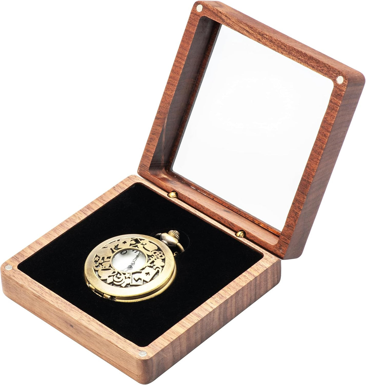 Walnut Wood Pocket Watch Gift Box with Clear Acrylic Lid Portable Single Pocket Watch Display Storage Travel Case Organizer for Men Women (Black Inner)