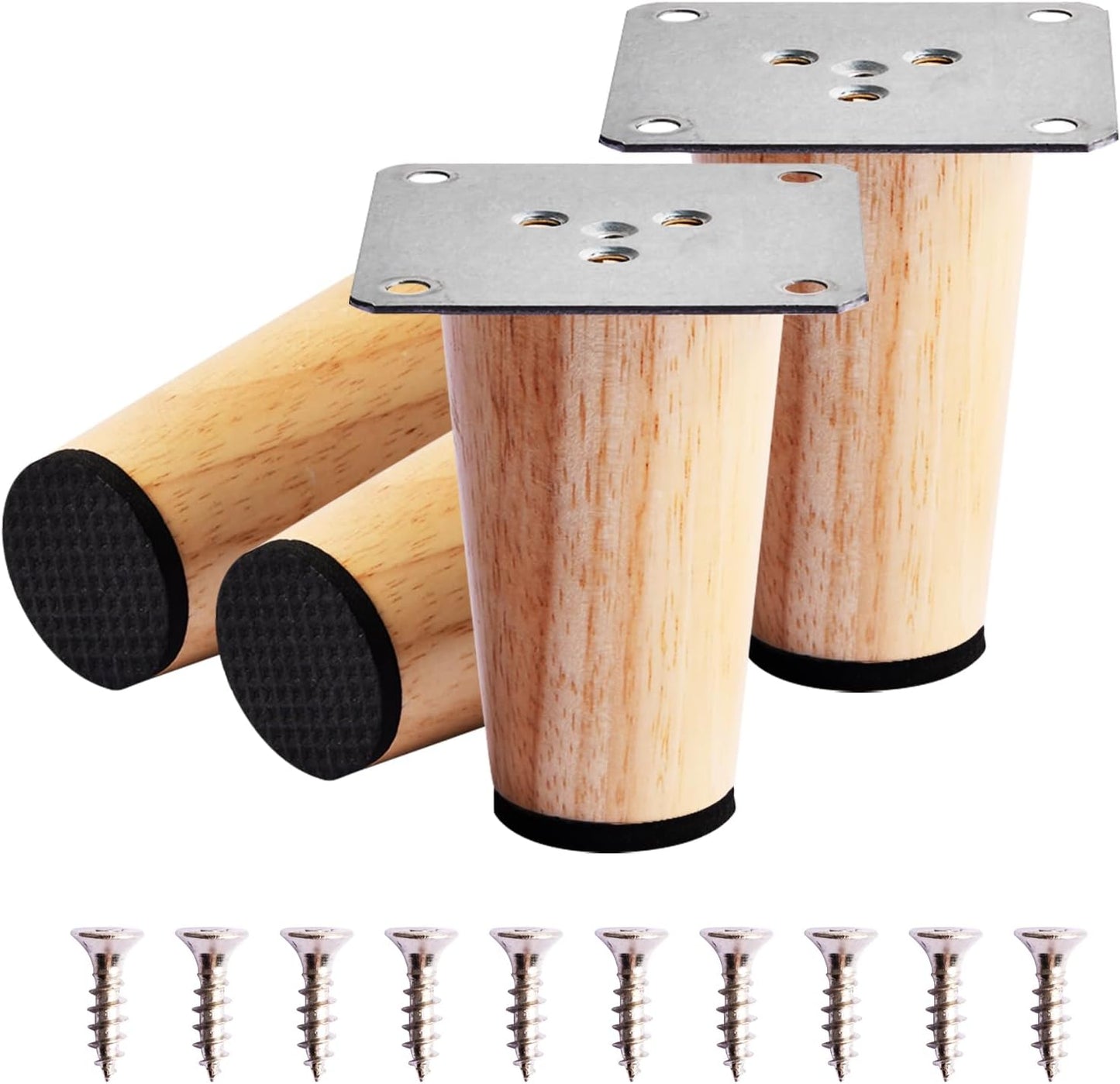 4 PCS 8CM Wooden Furniture Legs with Mounting Plate Screws and Anti-Slip Mats, Tapered Replacement Wood Sofa Legs, Straight Solid Wood Furniture Feet for Couch Table Chair Bed Armchair Cabinet Legs