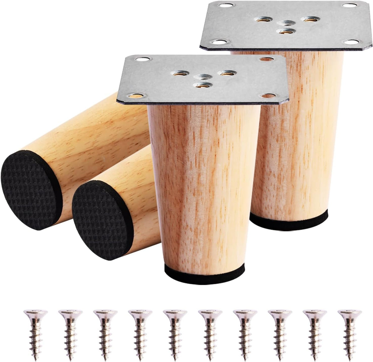 4 PCS 8CM Wooden Furniture Legs with Mounting Plate Screws and Anti-Slip Mats, Tapered Replacement Wood Sofa Legs, Straight Solid Wood Furniture Feet for Couch Table Chair Bed Armchair Cabinet Legs