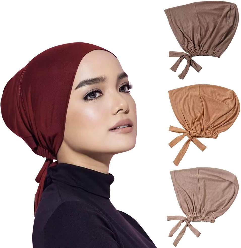 4 Pcs Women Hijab Undercap Muslim Inner Beanies Cap with Tie Back Closure Adjustable Underscarf Hat Chemo Turban Cap