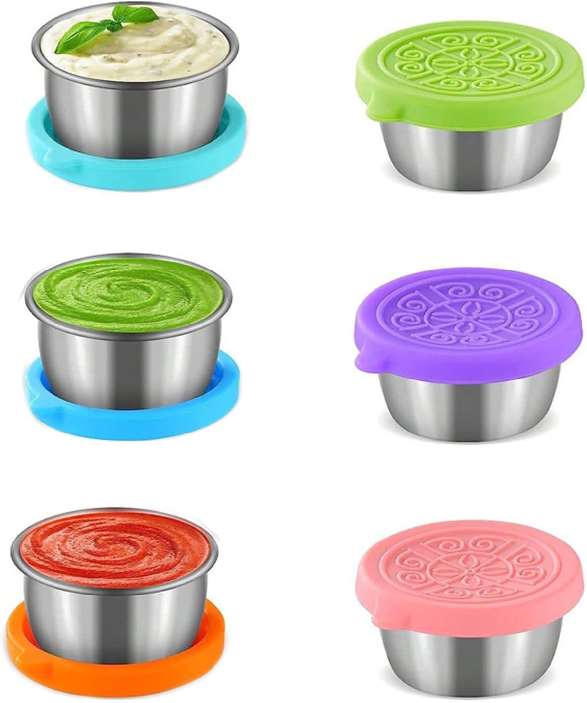 6-Pack Salad Dressing Food Storage Containers with Leakproof Silicone Lids, 50ml Stainless Steel Condiment & Dipping Sauce Cups Ideal for Lunch Bento Boxes